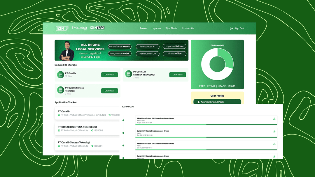 Image 19: Client Dashboard Tracking & User Storage Izin.co.id